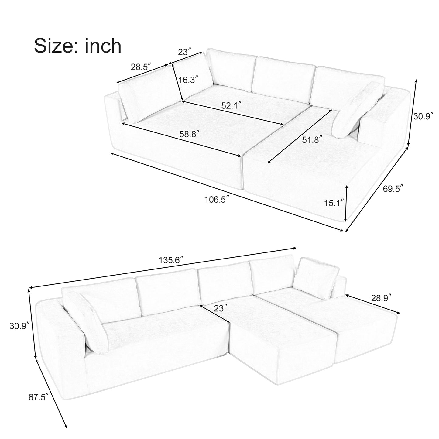 U_Style Modern Large Modular Sectional Sofa for Living Room, Bedroom, Salon, 3 Piece Free Combination