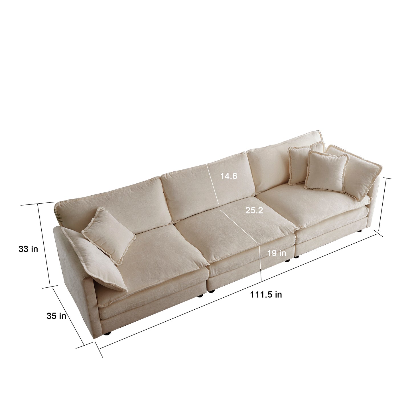 [SantaChoice] Mid-Century Modern Couch 3-Seater Sofa with 2 Armrest Pillows and 3 Toss Pillows, Couch for Living Room Beige Chenille