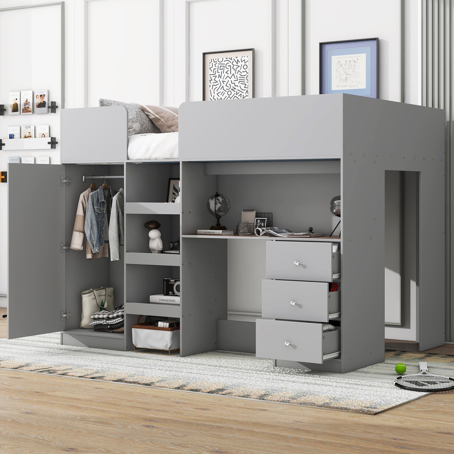 Wood Full Size Loft Bed with Built-in Wardrobe, Desk, Storage Shelves and Drawers, Grey