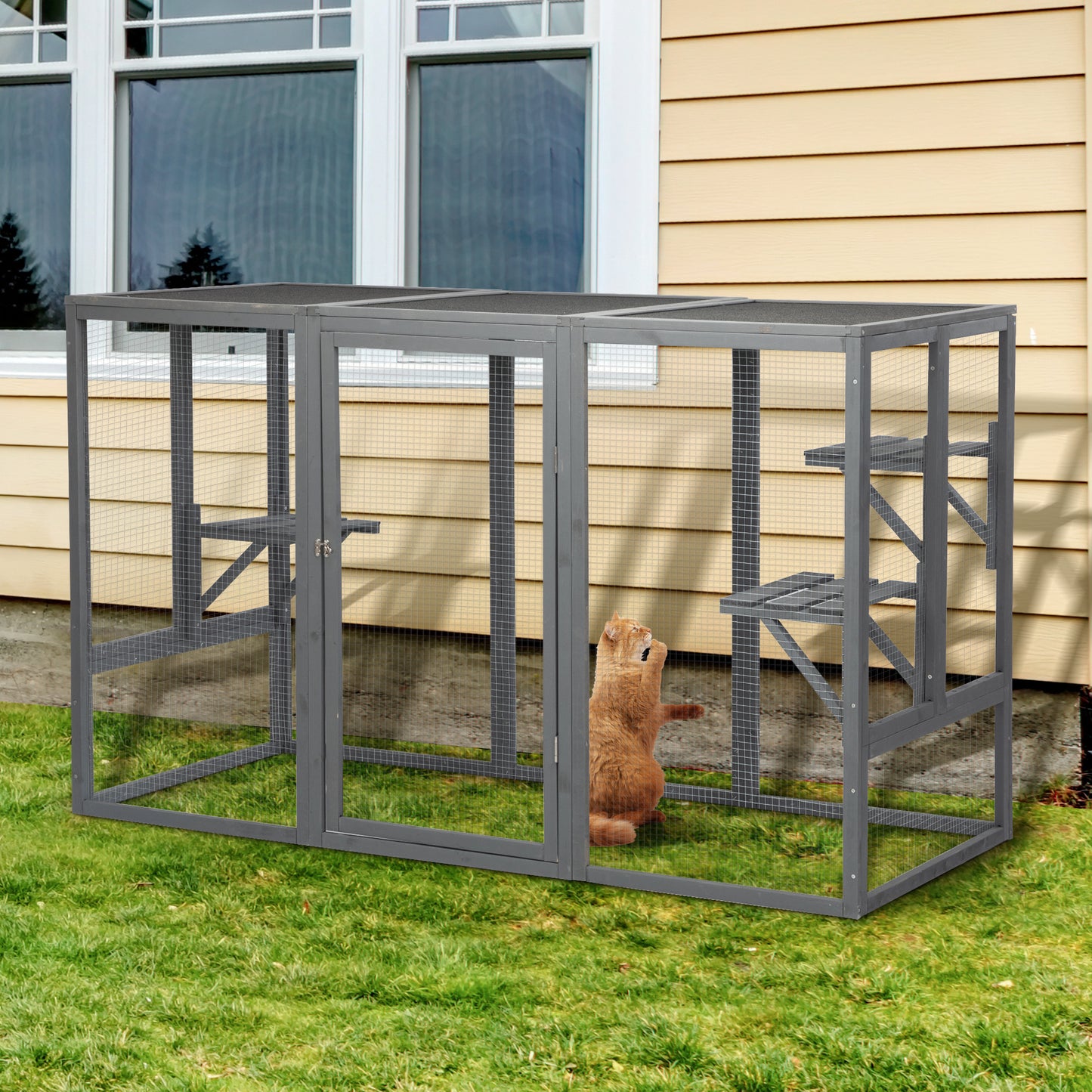 Spacious wooden cat cage with waterproof roof with adjustable pedals suitable - gray black