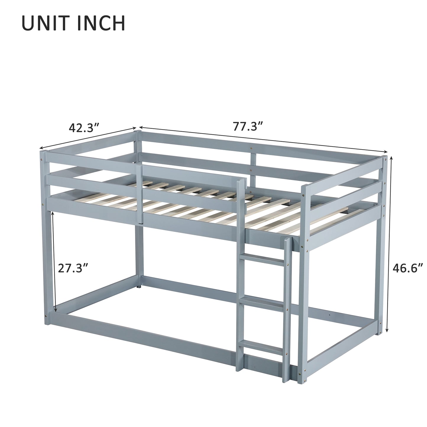 Solid Wooden, Solid Rubber Wooden Twin over Twin Loft Bed with Ladder, with Bed Platform of Strengthened Slats , Grey