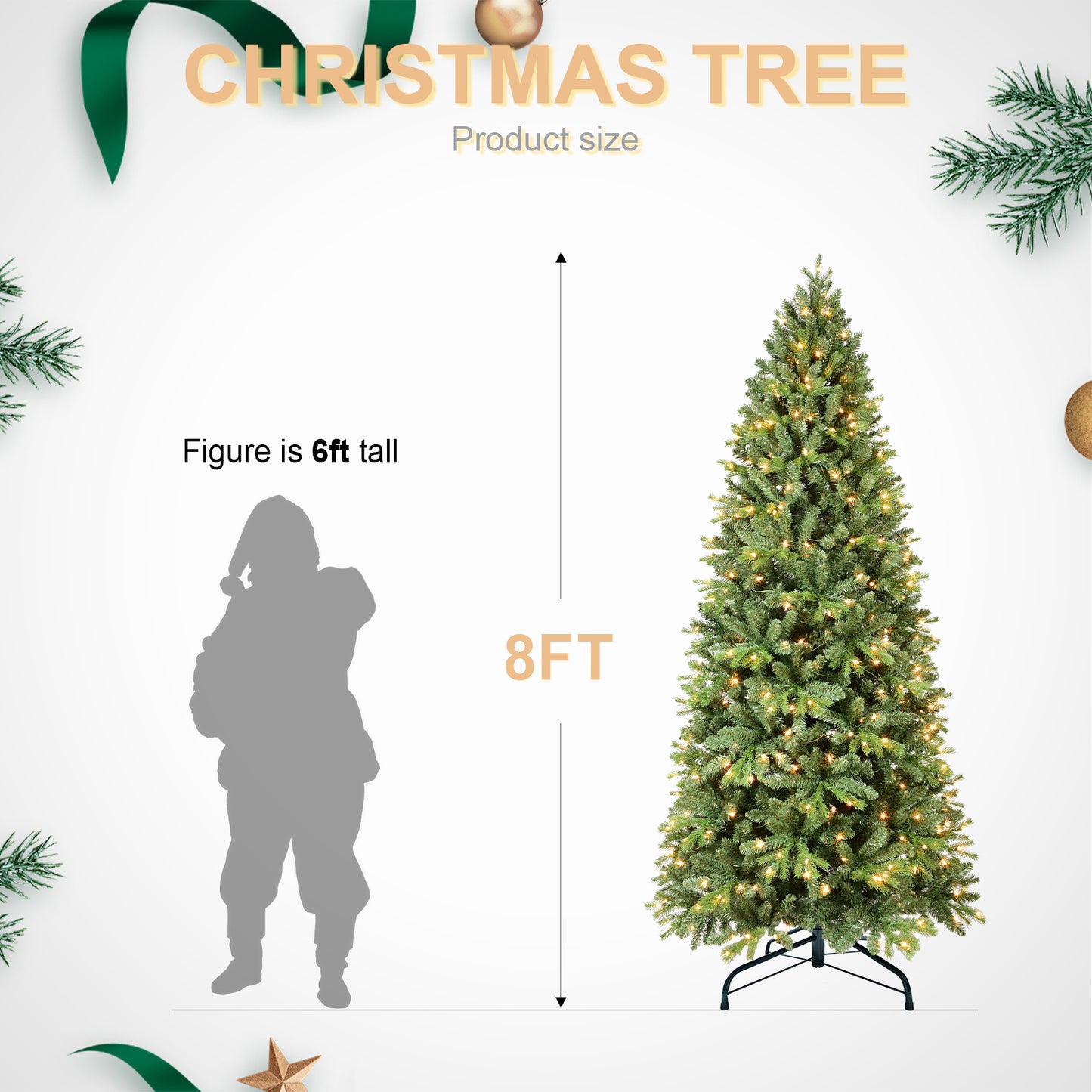 8FT Pre-Lit Slim Christmas Tree, Green, Fir Xmas 'Feel Real' Artificial Tree, White Lights, Metal Hinged, Foldable Base