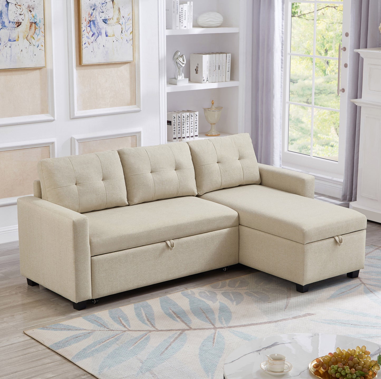 [SantaChoice] Upholstered Pull Out Sectional Sofa with Storage Chaise, Convertible Corner Couch, Beige