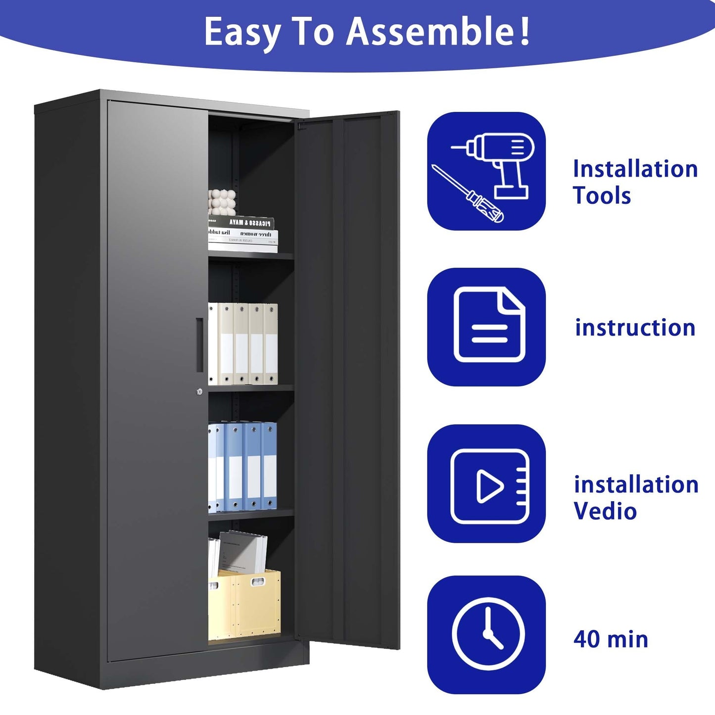 71"H Metal Garage Storage Cabinet, Black Tool Steel Locking Cabinet with Doors and 3 Shelves, Tall Cabinets for Garage Storage Systems Lockable File Cabinet for Home Office, Classroom/Pantry