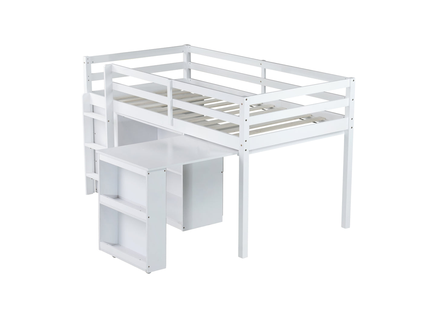 Twin Loft Bed w. stroage case ,drawers,Twin Loft Bed with ,Drawer Cabinet, Shelf Cabinet and Pulling -Out Desk,Rubber Wood Loft Bed with Safety Guardrail ,Ladder,White