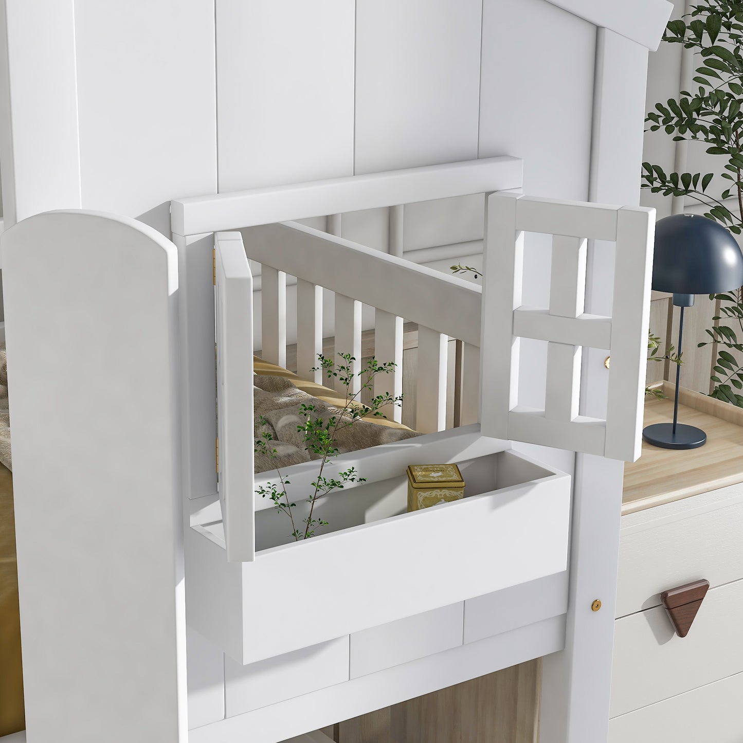 Twin over Twin House Bunk Bed with Roof , Window, Window  Box, Door , with Safety Guardrails and Ladder,White