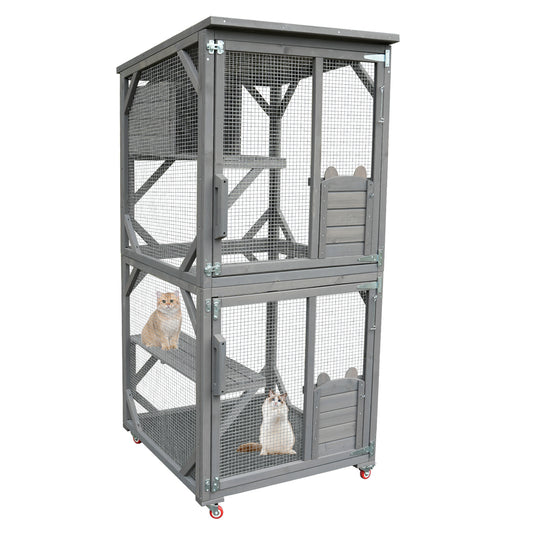 Catio Large Wooden Cat House Outdoor Indoor Cat Enclosures On Wheels, Wooden Kitty House Shelter Outside with Resting Box, Waterproof Roof (Grey, 31.5" D x 36.6" W x 71" H)