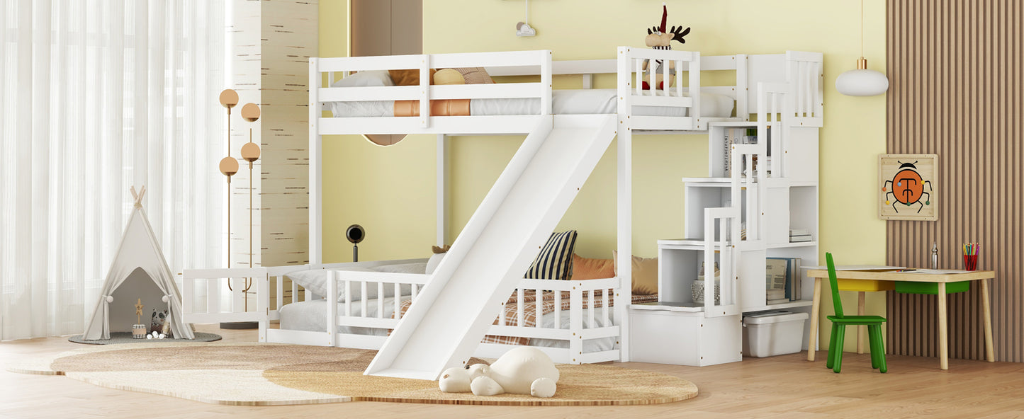 Twin Over Full Bunk Bed with Slide, Storage Staircase, Pine Solid Wooden Bunk Bed with Safety Guardrails,White