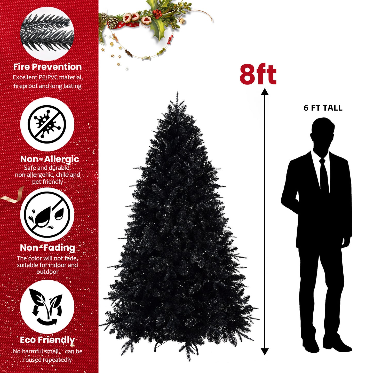 7.5ft Pre-Lit Black Christmas Tree, Full Halloween Xmas Artificial Tree 2156 Branch Tips, 500 Lights, Metal Hinges, Foldable Base, Holiday Decoration - Black