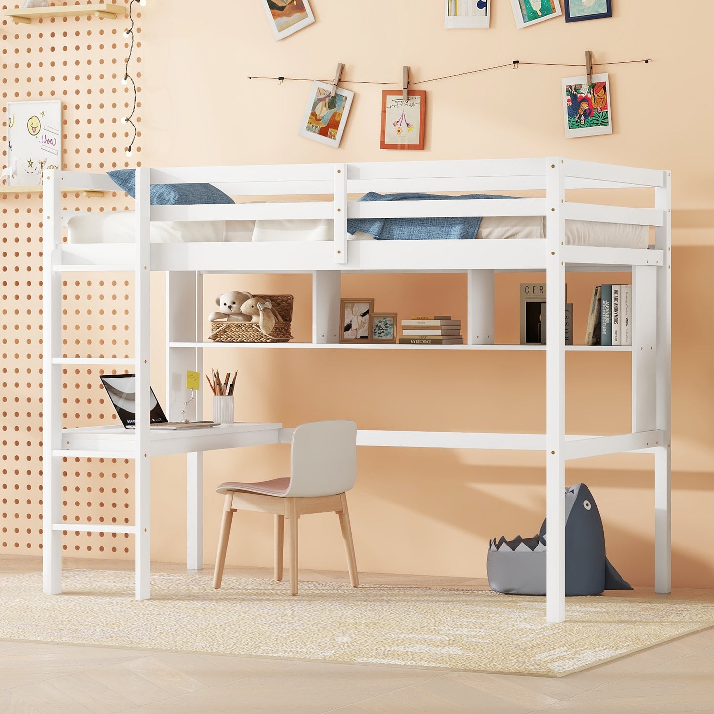 Twin Size Loft Bed with desk and shelves, Safety Guardrail and ladder,White