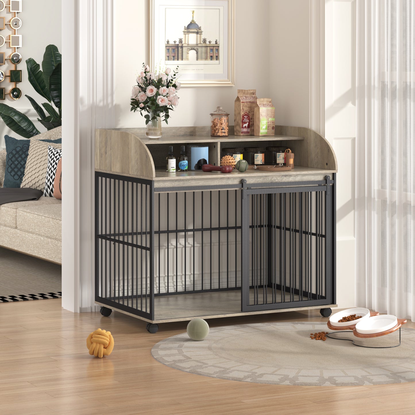 GO 44'' Heavy Duty Large Dog Crate Furniture for Large Medium Dog with Lockable Wheels, Wooden Dog Crate Dog Kennel, End Table Crate with Double layer storage, Gray