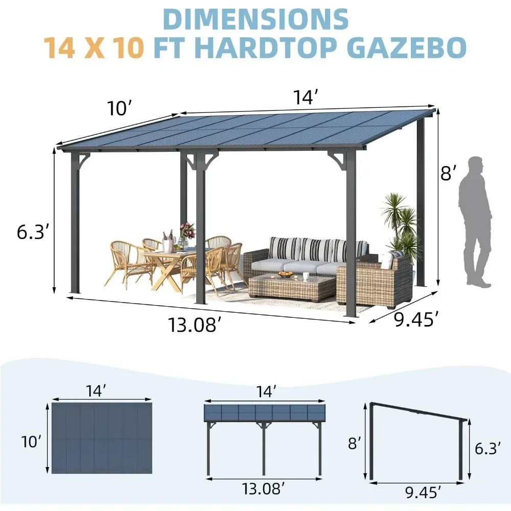 14' x 10' Gazebo for Patio, Hard Top Lean-to Gazebo Pergola with Roof (140 Sq.Ft Shaded), Large Wall-Mounted Heavy-Duty Awnings