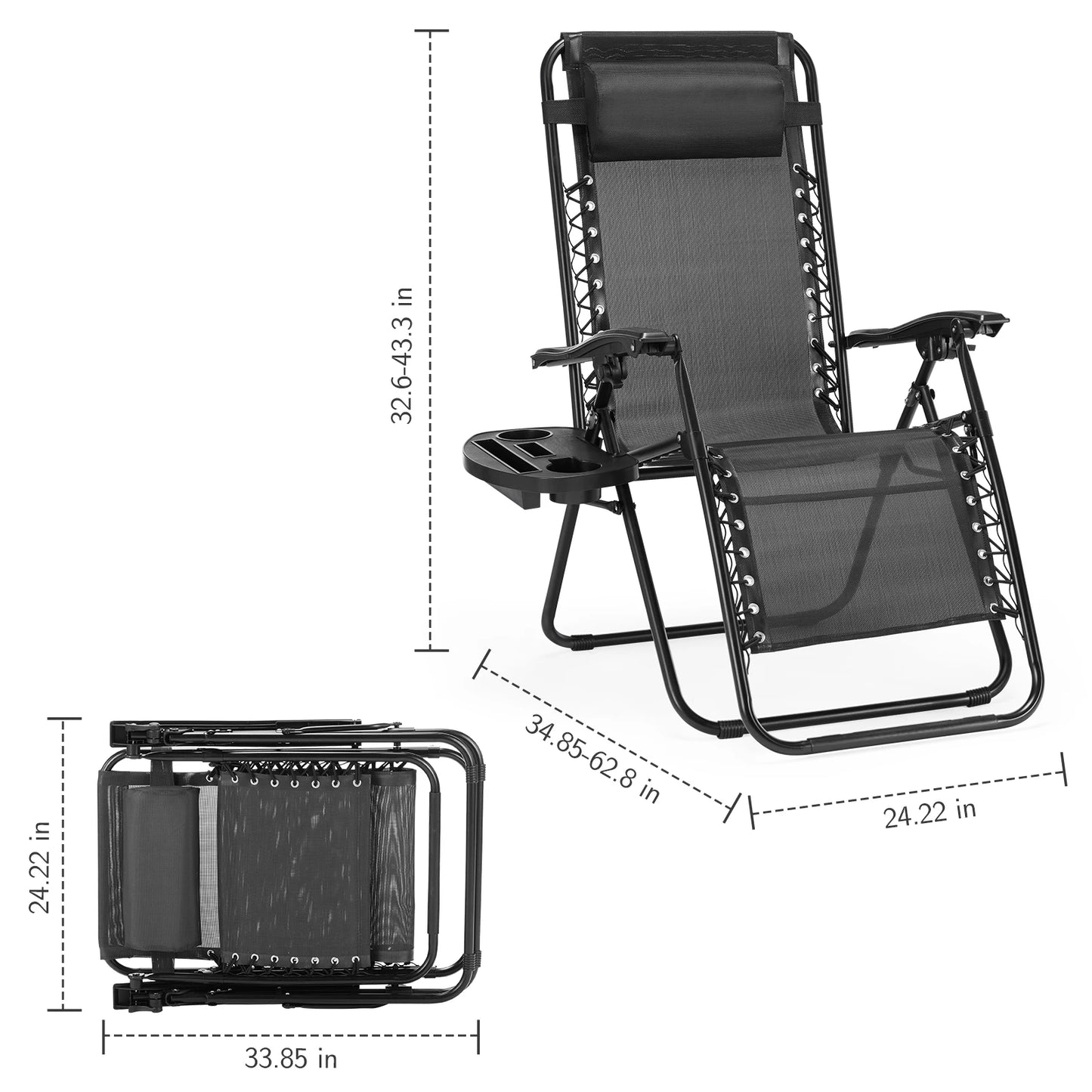 JHK Zero Gravity Set of 2 Portable Recliner Camping Patio Outdoor Folding Lounge Chair with Cup Holder Trays Adjustable Pillow