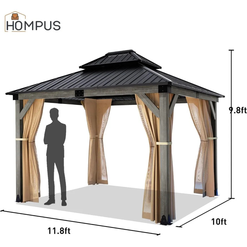 10x12 FT Hardtop Wood Gazebo, Cedar Wood Frame Gazebo with Double Metal Roof, Outdoor Gazebo