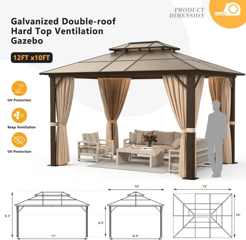 10'x12' Hardtop Gazebo Double Roof Gazebo Aluminum Frame Permanent Pavilion with Netting and Curtains Outdoor Polycarbonate