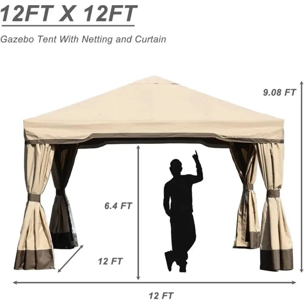 12 x 12 FT Outdoor Aluminum Gazebo with Privacy Curtains and Netting, Canopy Shelter for Yard, Garden, Outdoor Patio Gazebo