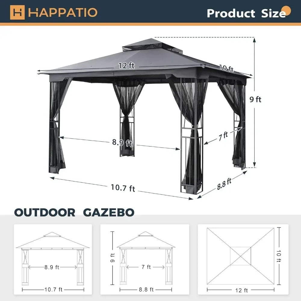 10 X 12 FT Outdoor Patio Gazebo with Ventilation Double Roof, Outdoors Gazebos with Mosquito Netting, Outdoor Patios Gazebo