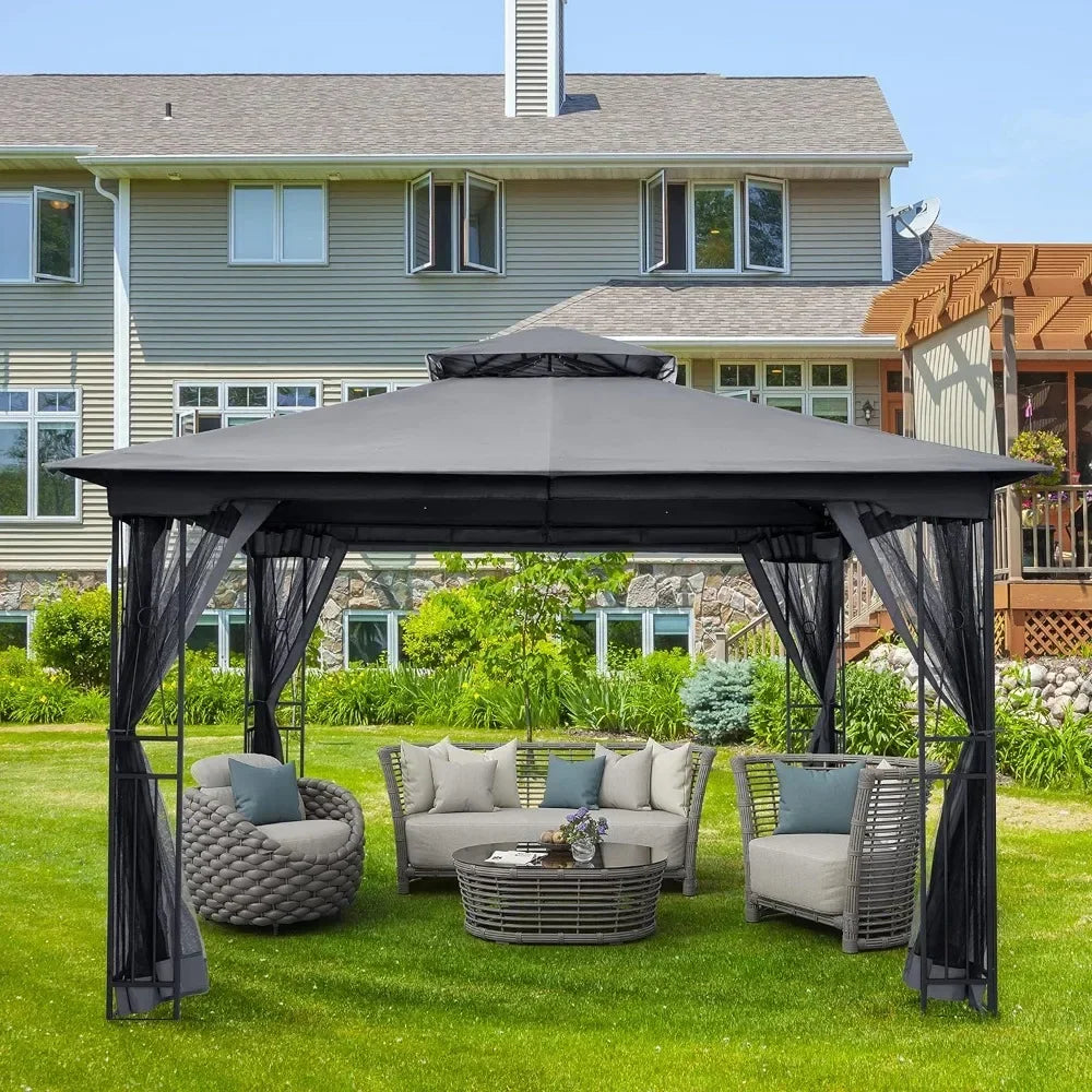 10 X 12 FT Outdoor Patio Gazebo with Ventilation Double Roof, Outdoors Gazebos with Mosquito Netting, Outdoor Patios Gazebo