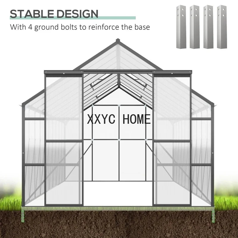 20'x 8 'aluminum greenhouse, polycarbonate walk-in garden sunroom with adjustable roof ventilation, winter plant warm house