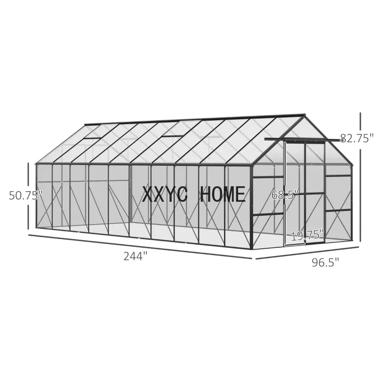 20'x 8 'aluminum greenhouse, polycarbonate walk-in garden sunroom with adjustable roof ventilation, winter plant warm house