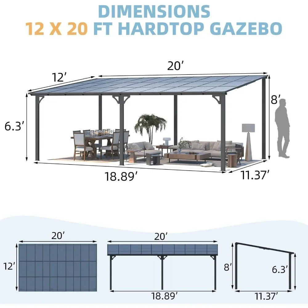 20' x 12' Gazebo for Patio, Large Wall-Mounted Hard Top Lean-to Gazebo Pergola with Roof 12' x 20', Heavy Duty Patio Awnings