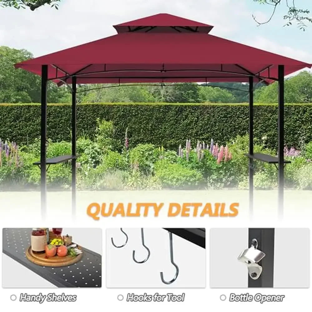 Double Tiered Grill Gazebo Canopy with LED Lights & Storage Shelves Sturdy Steel Frame Easy Assembly Ideal Outdoor Cooking