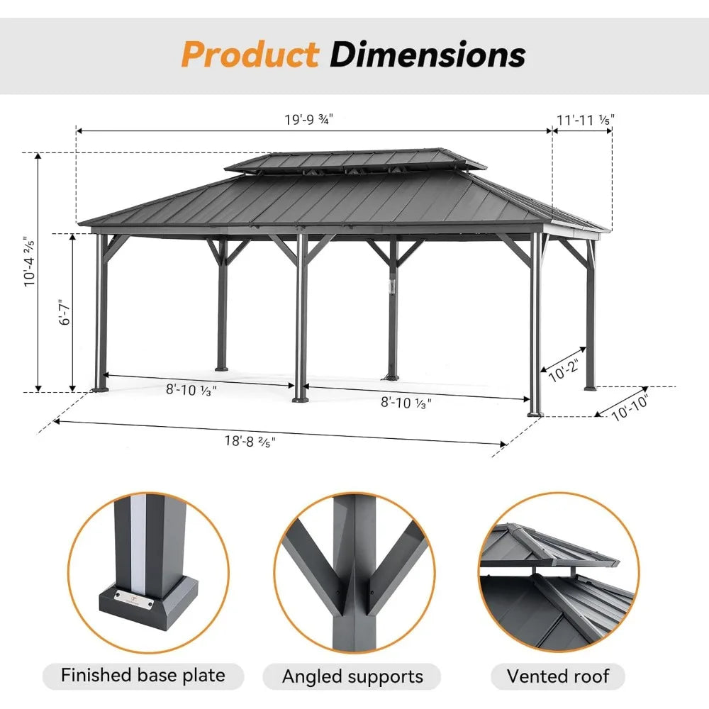 12' x 20' Gazebo with 6 LED Lights, Outdoor Gazebo with Galvanized Steel Double Roof, Netting and Curtains for Patios gazebo