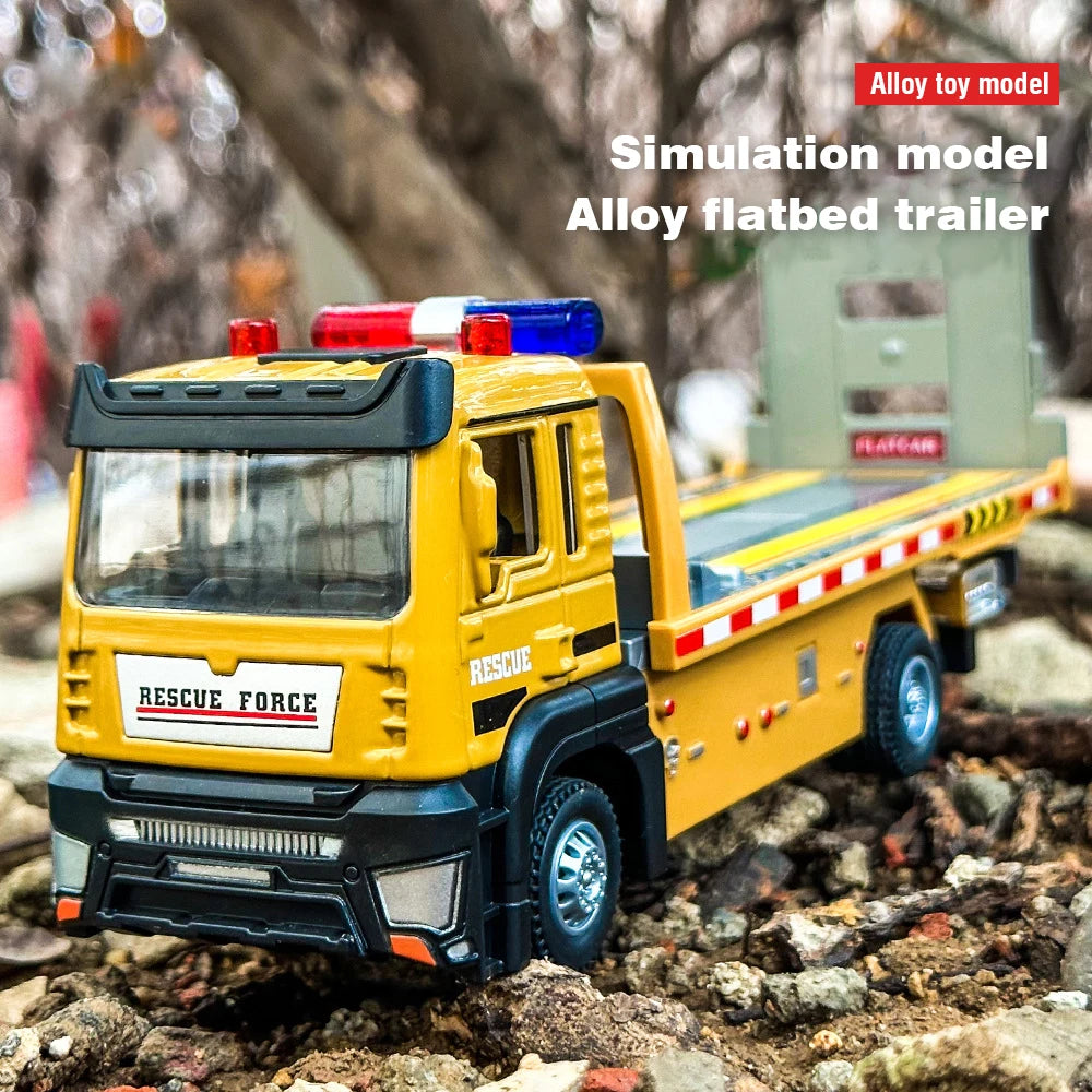 Alloy Truck Model 1/32 Diecast Flatbed Trailer Trucsk with Sound Light Moveble Engineering Car Tractor Toys for Boys Kids Gift