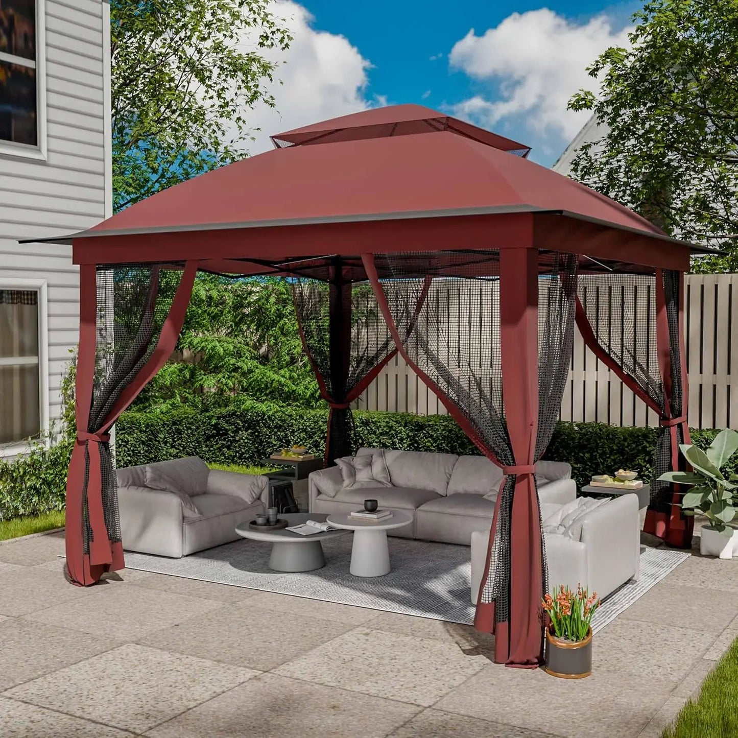 11x11 Pop Up Gazebo Outdoor Instant Canopy Shelter Tent w/Mosquito Netting Metal Frame Storage Bag for Patio Garden Backyard,Red