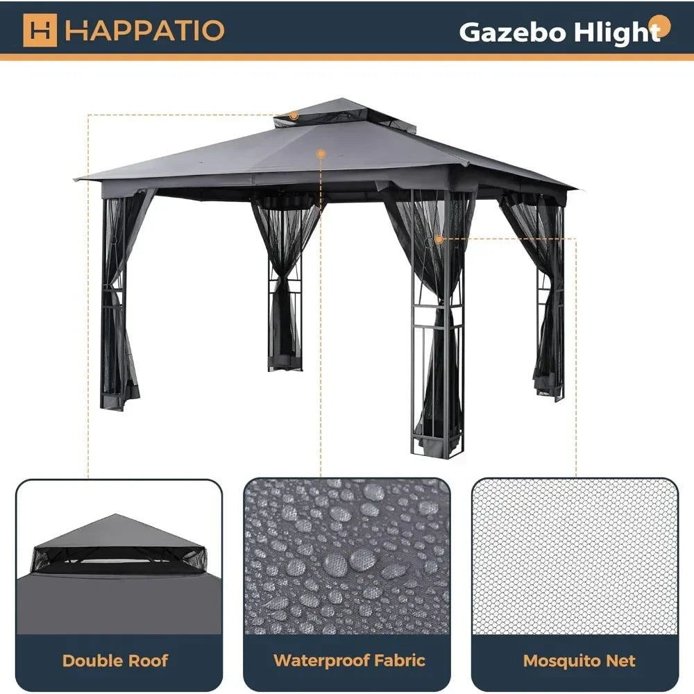 10 X 12 FT Outdoor Patio Gazebo with Ventilation Double Roof, Outdoors Gazebos with Mosquito Netting, Outdoor Patios Gazebo