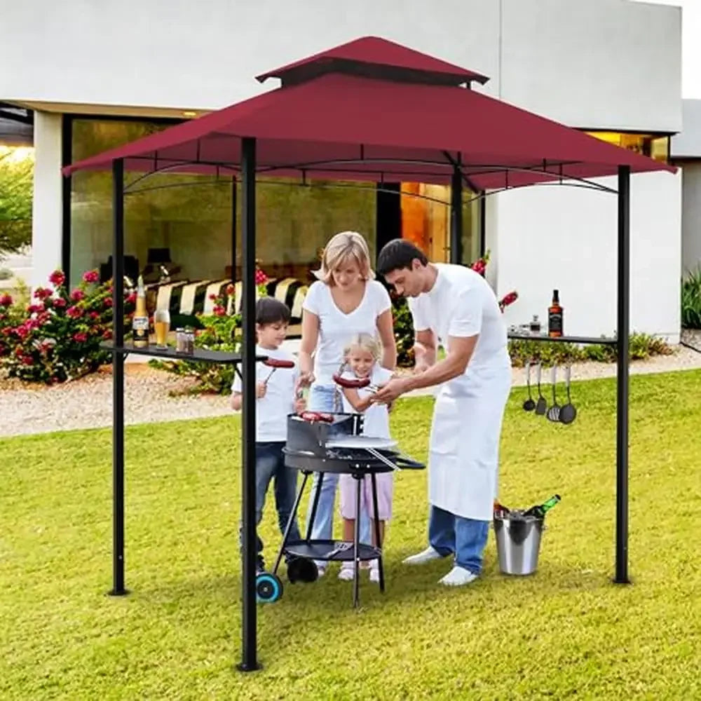 Double Tiered Grill Gazebo Canopy with LED Lights & Storage Shelves Sturdy Steel Frame Easy Assembly Ideal Outdoor Cooking