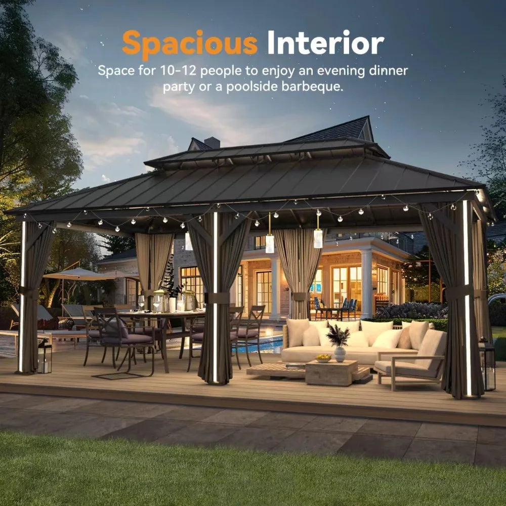 12' x 20' Gazebo with 6 LED Lights, Outdoor Gazebo with Galvanized Steel Double Roof, Netting and Curtains for Patios gazebo