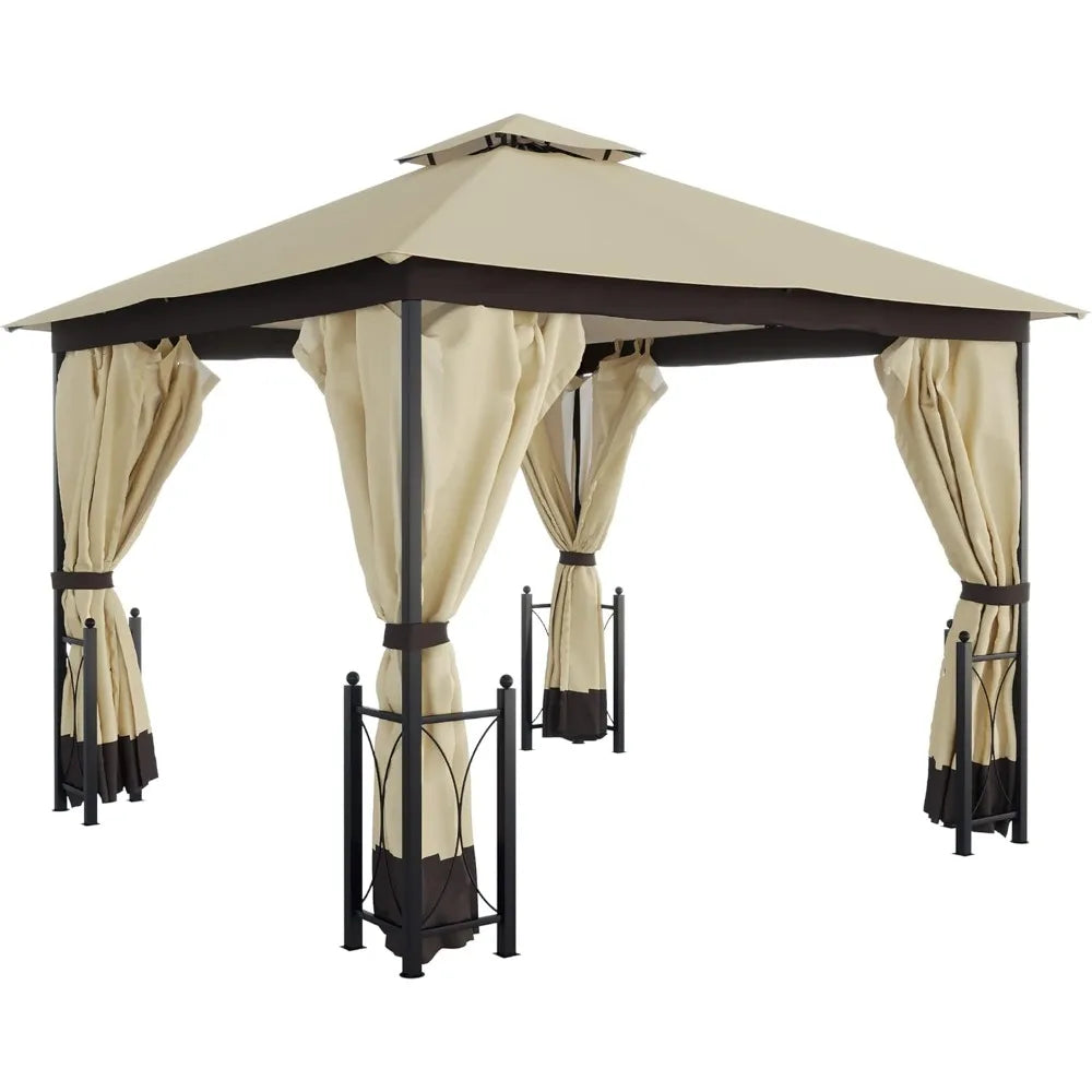 11' x 13' Patio Gazebo, Double Roof Outdoor Gazebo Canopy Shelter with Netting & Curtains, Steel Corner Columns for Garden