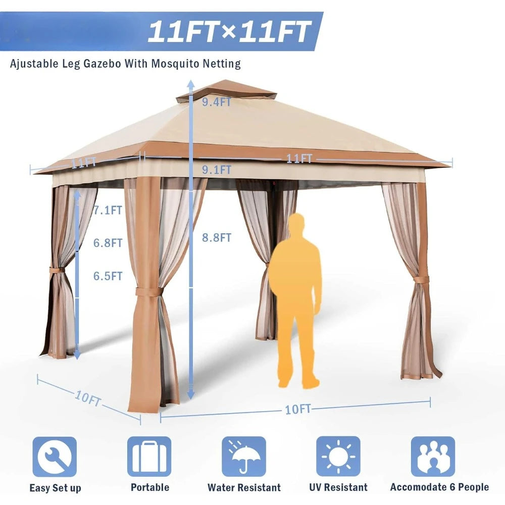 11'x11' Pop up Gazebo Canopy Tent, Outdoor Patio Waterproof Gazebo with Mosquito Netting for Lawn, Garden, Backyard and Deck