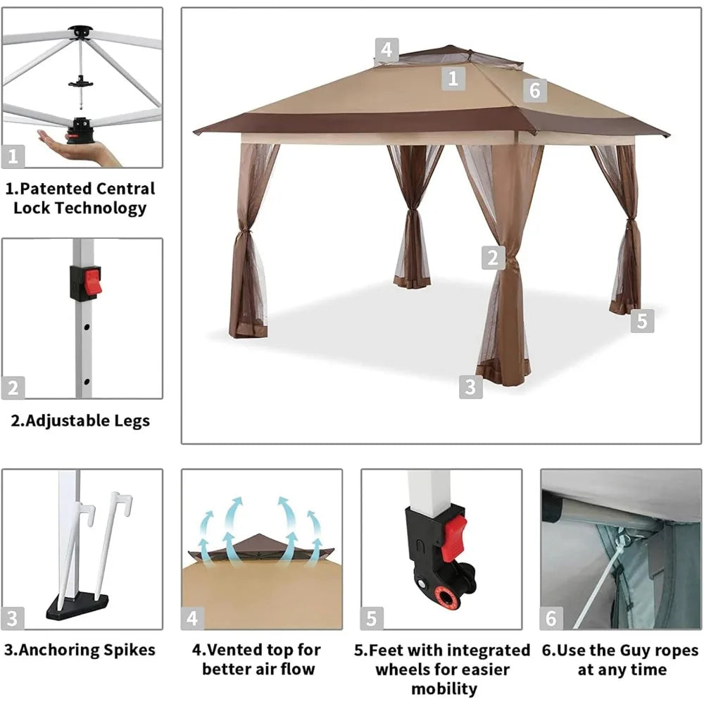 13x13 Pop Up Gazebo, Patented One Push Outoor Canopy Tent with Wheeled STO-N-Go Cover Bag, Pop Up Canopy with Netting for