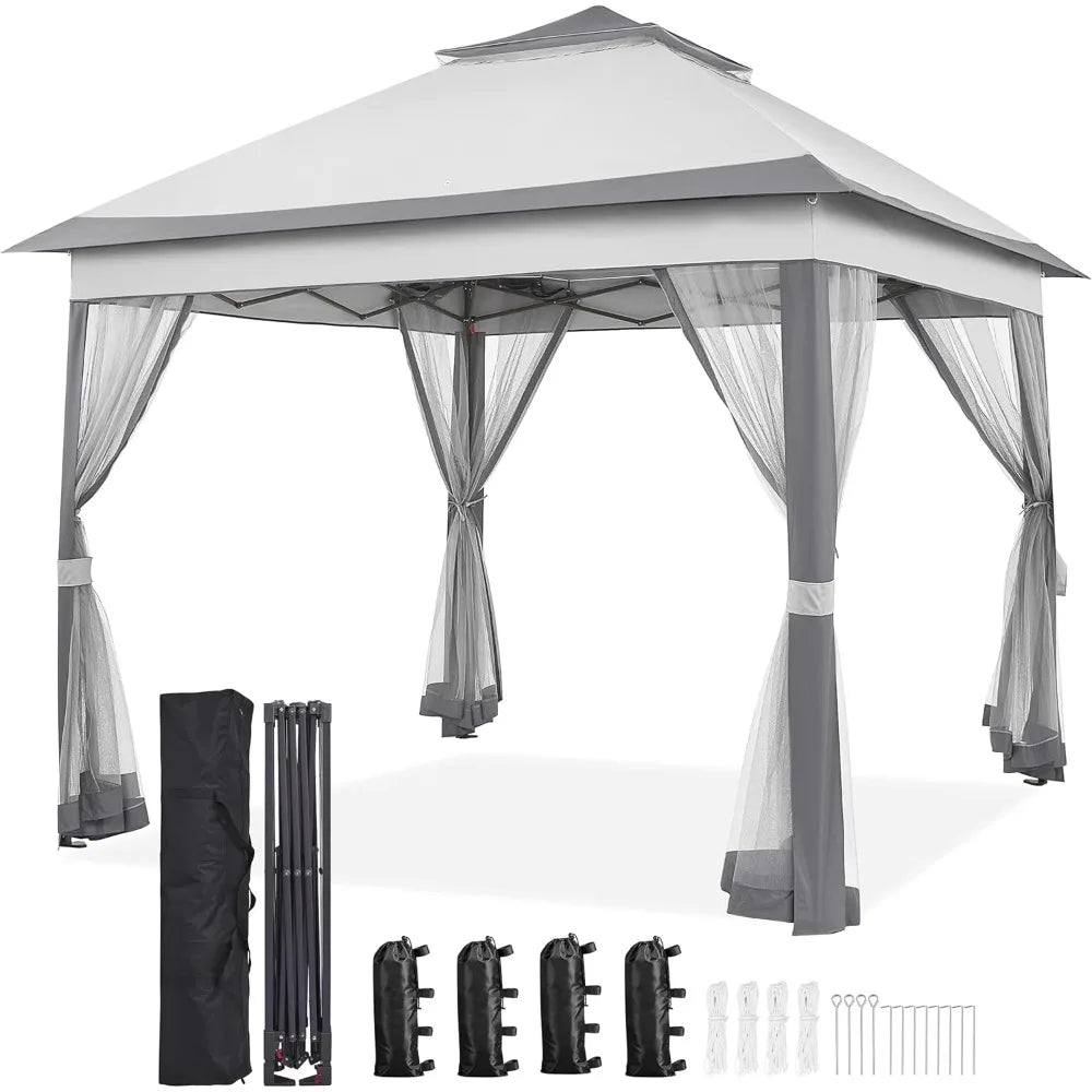 11x11 Pop Up Gazebo Outdoor Canopy Shelter, Instant Patio Gazebo Sun Shade Canopy Tent with 4 Sandbags, 2 Tiers Roof & Mesh