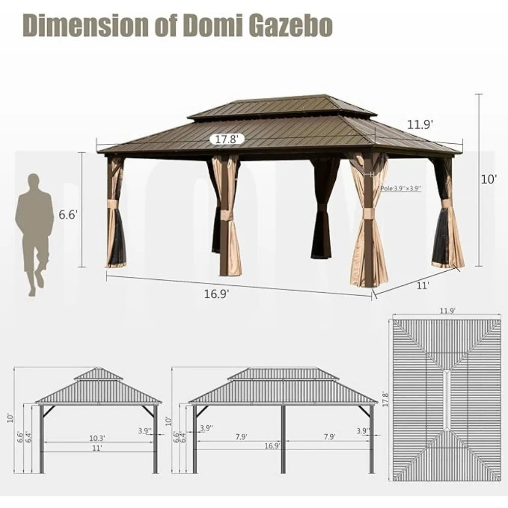 12’ X 18’ Hardtop Gazebo Canopy with Netting &Curtains, Outdoor Aluminum Gazebo with Galvanized Steel Double Roof for Patio Lawn