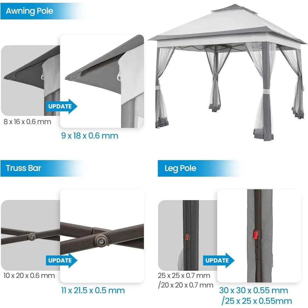 11x11 Pop Up Gazebo Outdoor Canopy Shelter, Instant Patio Gazebo Sun Shade Canopy Tent with 4 Sandbags, 2 Tiers Roof & Mesh