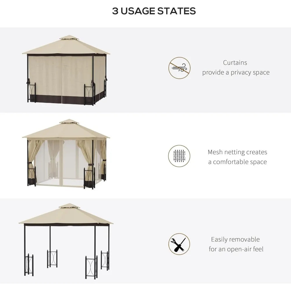 11' x 13' Patio Gazebo, Double Roof Outdoor Gazebo Canopy Shelter with Netting & Curtains, Steel Corner Columns for Garden