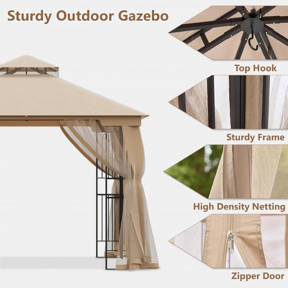 Patio Gazebo 10x10, with Mosquito Netting, Pop Up Tent, Outdoor Canopy with Double Air Roofs, Waterproof Sunshade for Garden