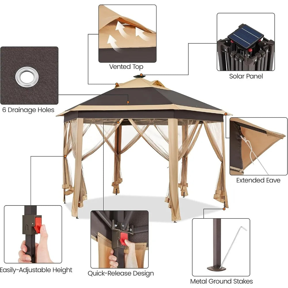 13x13 Pop-up Patio Gazebo Tent W/Mesh Netting Sides & 25 Solar LED Lights, Hexagonal Double Vented 3 Height Adjustable Gazebo