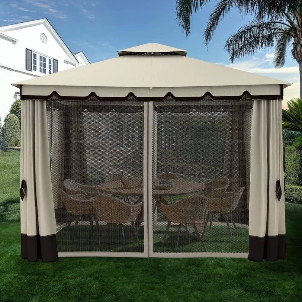 10x12ft Gazebo for Patios Outdoor Double Roof Canopy Gazebo with Netting & Curtains, Soft Fabric Top Garden Winds Tent