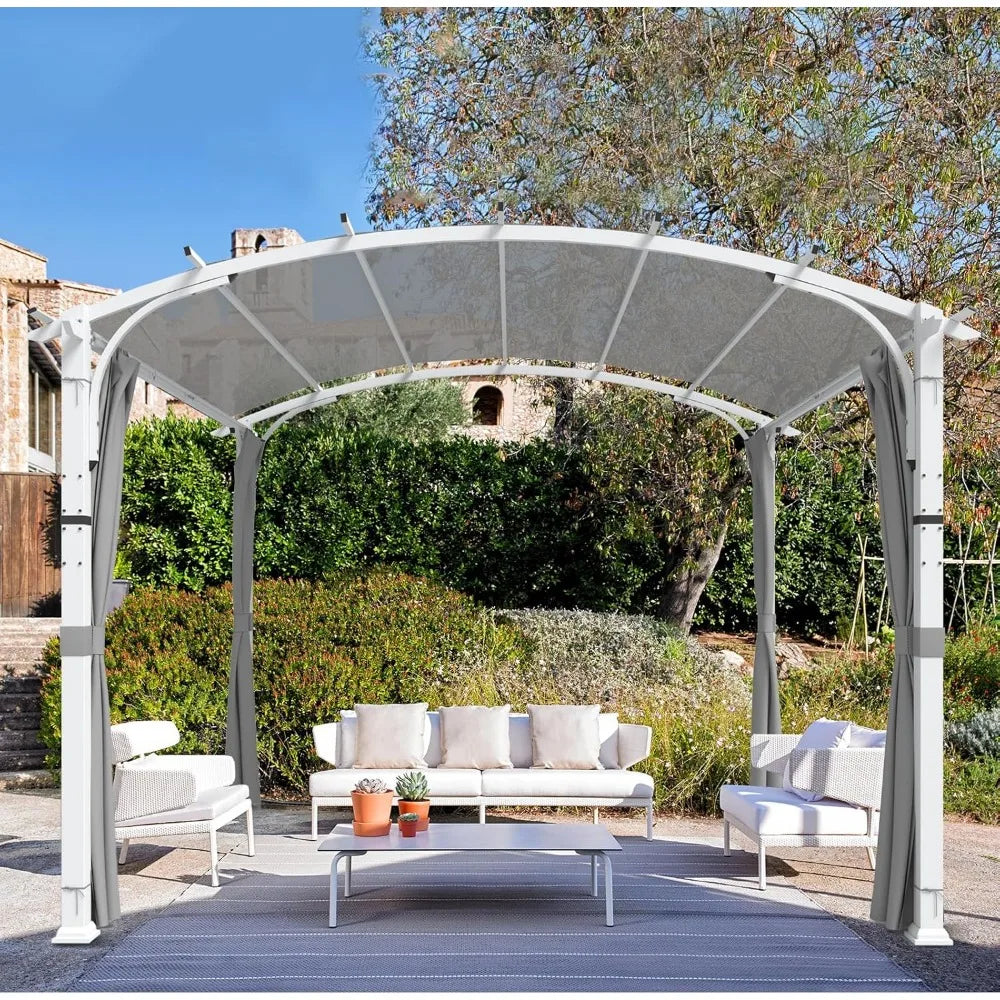 Outdoor Pergola 11x11, Patio Metal Sunshelter with Sidewall, Arched Roof Pergola Gazebo with Textilene Canopy Shade for Backyard