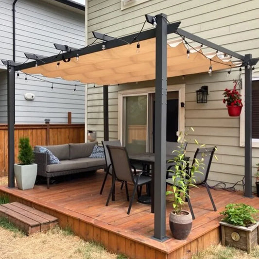 10' X 13' Outdoor Retractable Pergola with Shade Canopy Patio Metal Shelter for Porch Garden Modern Yard Grape Trellis Pergola