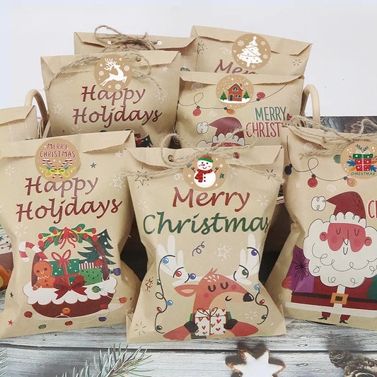 24Set Christmas Gift Bag Kraft Paper Bags Santa Claus Snowman Xmas Party Candy Bag Cookie Xmas Packaging Bag Pouch Wrapping