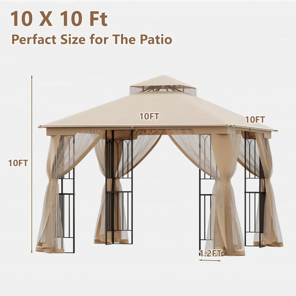 Patio Gazebo 10x10, with Mosquito Netting, Pop Up Tent, Outdoor Canopy with Double Air Roofs, Waterproof Sunshade for Garden