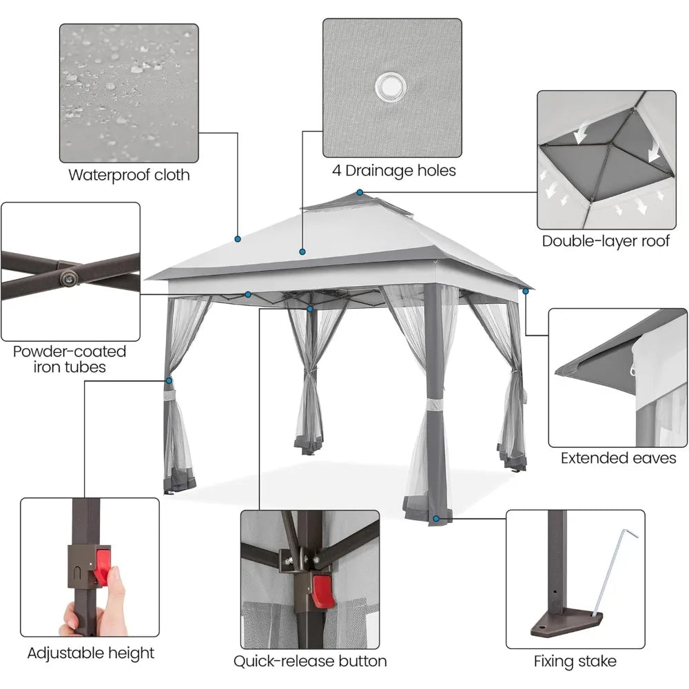 11x11 Pop Up Gazebo Outdoor Canopy Shelter, Instant Patio Gazebo Sun Shade Canopy Tent with 4 Sandbags, 2 Tiers Roof & Mesh