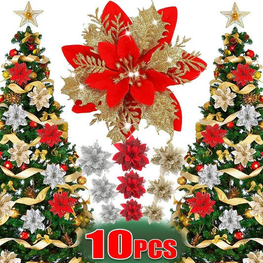 Christmas Glitter Artificial Flowers Floral Silk Fake Flower with Clips for Xmas Tree Hanging Ornaments New Year Gift Home Decor