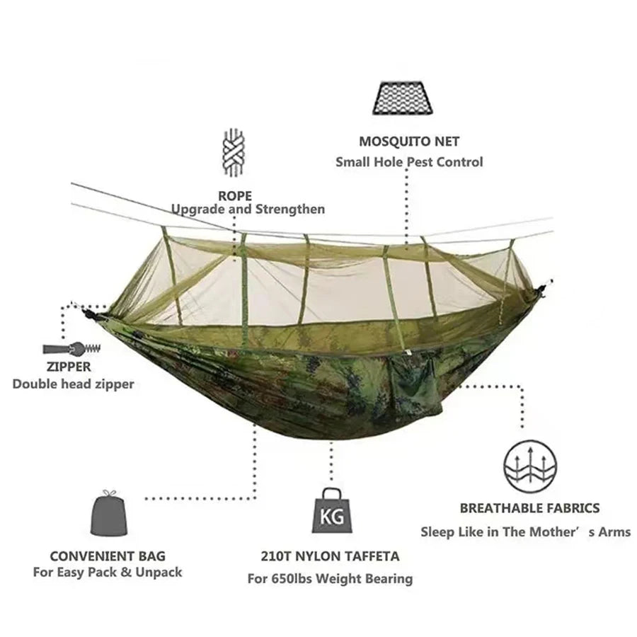 Outdoor double hammock tents with mosquito net can are portable Load capacity 200KG and for hiking, camping, and beach tourism