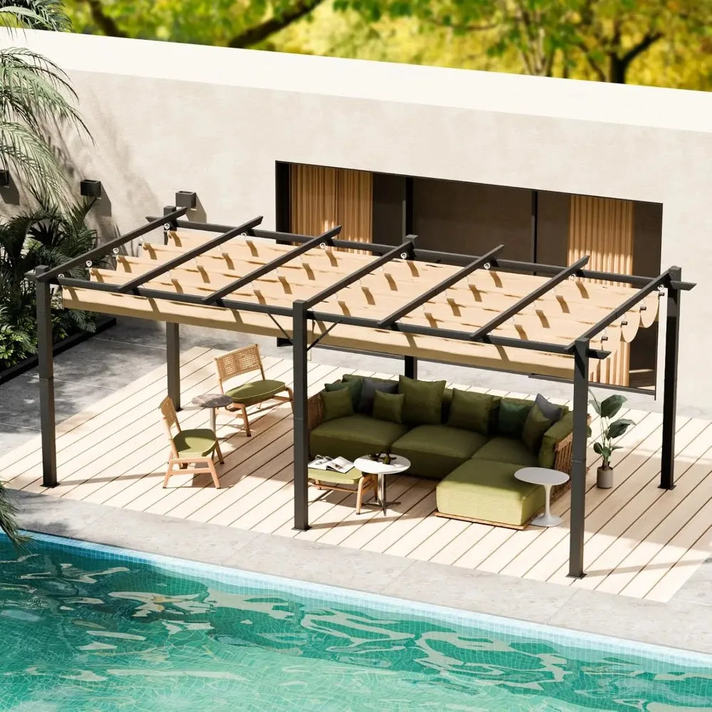 10 x 20 FT Outdoor Pergola, Retractable Aluminum Pergola Patio, Pergola with Retractable Sun Shade Canopy for Gardens